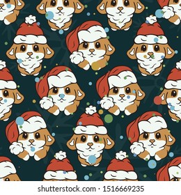 Сorgi dog in Santa’s hat vector seamless pattern. Corgi Santa Claus repeat print. Merry Christmas Happy New Year design with cute corgi. Christmas mood. Repeated dog print.