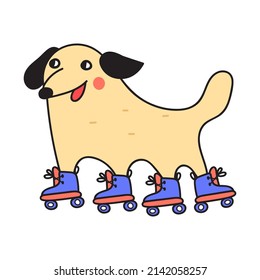 Dog have fun rides on rollers skate. Vector illustration on white background.