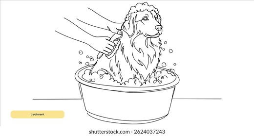 dog having a bath and treatment continuous single line art drawing sketch on white background