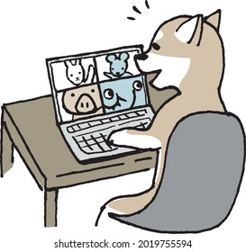 Dog having an online meeting on a laptop.
An interesting cartoon-style illustration.