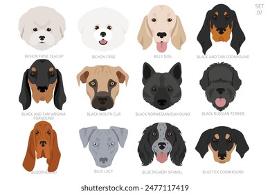 Dog head in alphabet order. All dog breeds. Colour vector design. Vector illustration