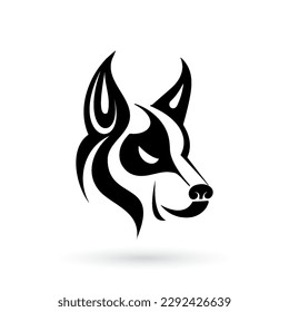 Dog head with bold black and white tribal calligraphic accents on a white background in minimalist style