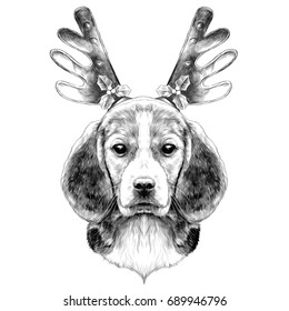 dog head breed the Beagle on the head Christmas headband with horns deer sketch vector graphics black and white drawing