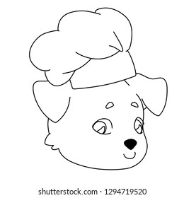 Dog head in a chef's hat. Linear, black and white image of a pet. Vector illustration for coloring book, stencil, design, prints.