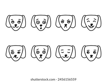 Dog head different facial expressions, line doodle character set. Hand drawn outline emotion on dog face. Happy, angry, sad and other mood. Vector