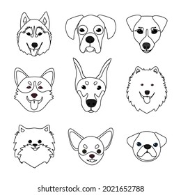 Dog head doodle icons.Vector illustration isolated on white background.