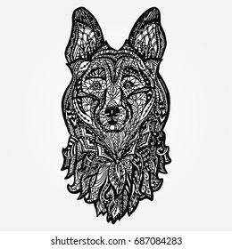 Dog head, face sheepdog. Coloring tattoo design pattern,  doodle line, tribal ethnic style, animal graphic symbol 2018, isolated vector illustration.