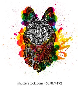 Dog head, face sheepdog. Grunge background. Coloring tattoo design pattern,  doodle line, tribal ethnic style, animal graphic symbol 2018, isolated vector illustration.