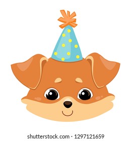 Dog head in a festive cap. Color image of a pet. Vector illustration for design, print on t-shirt, bag, notebook, card.