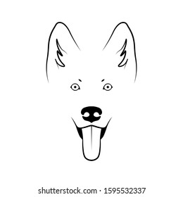 Dog head front view. Shepherd dog portrait. Minimal black sketch on white background. Vector illustration