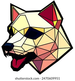 Cabeza de perro en un estilo geométrico, borde negro, líneas de colores, Formas de polígono y triángulo. Arte vectorial, sots art, bajo poli, cubo-futurismo, pegatina, avatar de dibujos animados, logotipo animal, diseño surrealista, holograma