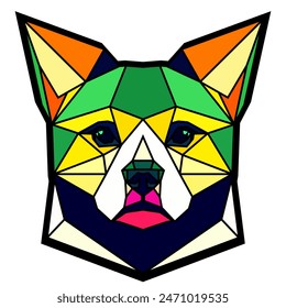 Cabeza de perro en un estilo geométrico, borde negro, líneas de colores, Formas de polígono y triángulo. Arte vectorial, sots art, bajo poli, cubo-futurismo, pegatina, avatar de dibujos animados, logotipo animal, diseño surrealista, holograma