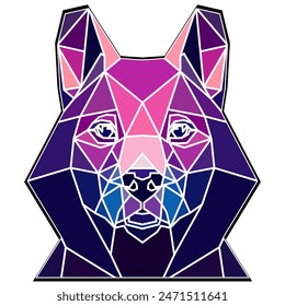 Cabeza de perro en un estilo geométrico, borde negro, líneas de colores, Formas de polígono y triángulo. Arte vectorial, sots art, bajo poli, cubo-futurismo, pegatina, avatar de dibujos animados, logotipo animal, diseño surrealista, holograma