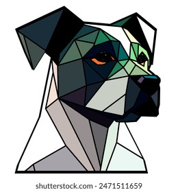 Cabeza de perro en un estilo geométrico, borde negro, líneas de colores, Formas de polígono y triángulo. Arte vectorial, sots art, bajo poli, cubo-futurismo, pegatina, avatar de dibujos animados, logotipo animal, diseño surrealista, holograma