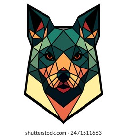 Cabeza de perro en un estilo geométrico, borde negro, líneas de colores, Formas de polígono y triángulo. Arte vectorial, sots art, bajo poli, cubo-futurismo, pegatina, avatar de dibujos animados, logotipo animal, diseño surrealista, holograma