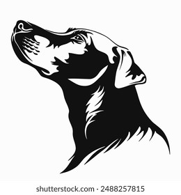 Dog head icon in black and white colors silhouette. Engraving or stencil pet profile