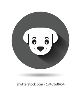 Dog head icon in flat style. Cute pet vector illustration on black round background with long shadow effect. Animal circle button business concept.