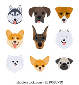 Dog head icons. Vector FLAT illustration isolated on white background.