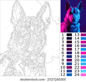 Dibujo para colorear de Cabeza de Perro por número para adulto, nivel intermedio con guía de color 24