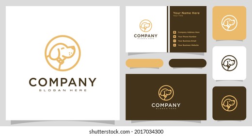 logotipo de cabeza de perro estilo de línea vectorial y tarjeta de negocios