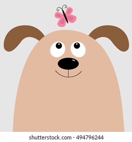 Dog head looking at pink butterfly. Cute cartoon character. Pet baby collection. Isolated. White background. Flat design. Vector illustration