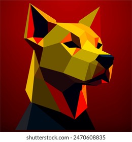 Cabeza de perro de estilo poligonal bajo sobre un fondo rojo. Arte vectorial, sots art, bajo poli, cubo-futurismo, pegatina, avatar de dibujos animados, logotipo animal, diseño surrealista