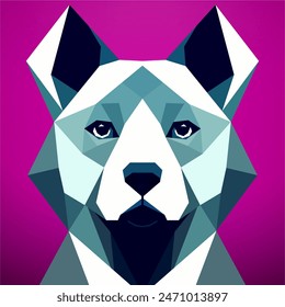 Cabeza de perro de estilo poligonal bajo sobre fondo rosa. Arte vectorial, sots art, bajo poli, cubo-futurismo, pegatina, avatar de dibujos animados, logotipo animal, diseño surrealista