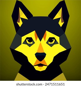 Cabeza de perro de estilo poligonal bajo sobre un fondo verde. Arte vectorial, sots art, bajo poli, cubo-futurismo, pegatina, avatar de dibujos animados, logotipo animal, diseño surrealista