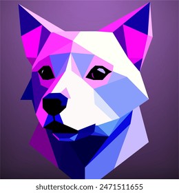 Cabeza de perro estilo poligonal bajo con un fondo púrpura y una nariz negra. Arte vectorial, sots art, bajo poli, cubo-futurismo, pegatina, avatar de dibujos animados, logotipo animal, diseño surrealista