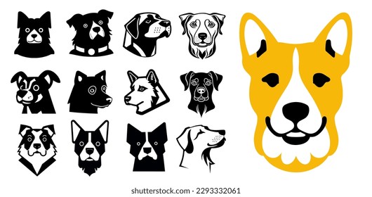 Dog head mascot collection, black outline logo set. Vector illustration. 