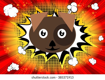 Dog head on comic book style background.