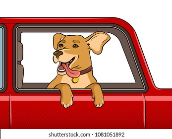 Dog head out of car window pop art retro vector illustration. Isolated image on white background. Comic book style imitation.