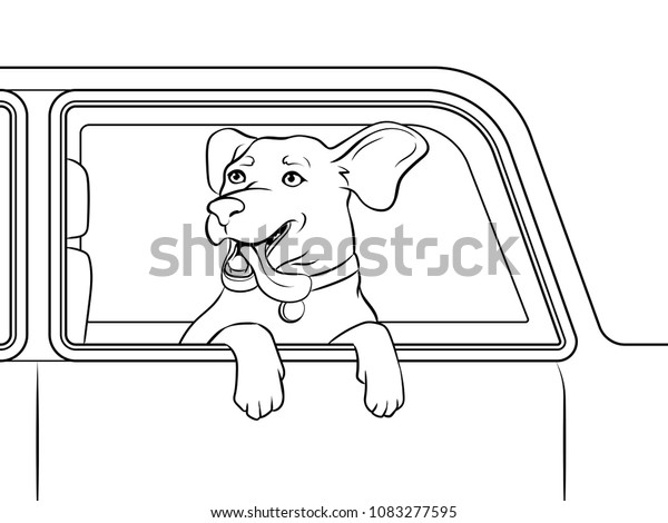 Dog head out of car window coloring\
vector illustration. Comic book style\
imitation.