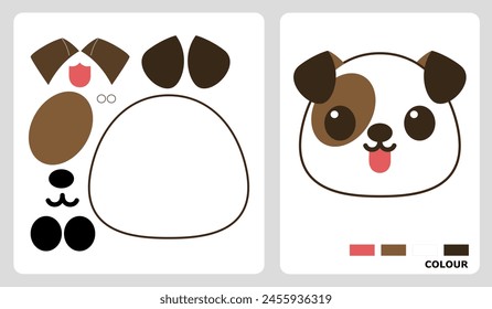 Dog head pattern for kids crafts or paper crafts. Vector illustration of dog puzzle. cut and glue patterns for kindergarten crafts.