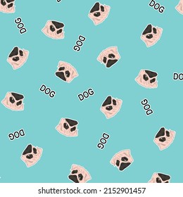 Dog Head Pattern Pug Head Print Textile Fabric With Mint Background