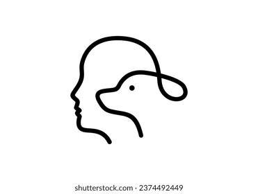 dog and head people logo design. pet care white linear style concept element symbol vector illustration.