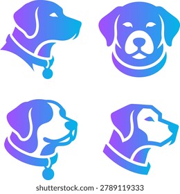 Dog head profiles stylized silhouettes various breeds wearing collars simple clean design perfect for pet brands.