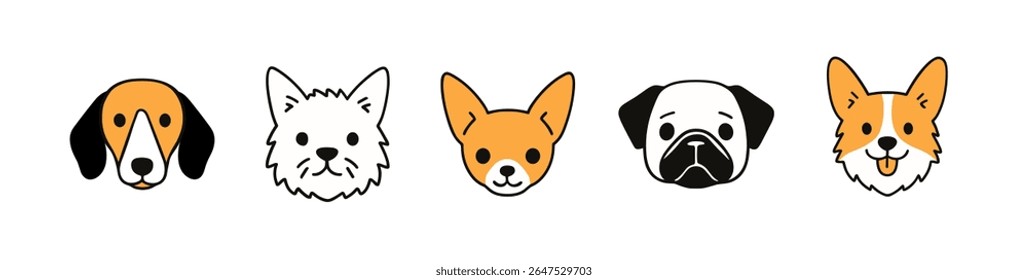 Ícone bonito do vetor da cabeça do cachorro. Caricatura de rosto de cão rabiscar animal de estimação plana corgi bulldog terrier