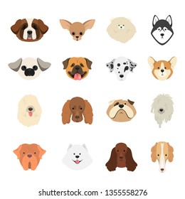 Dog head set. Collection of dogs of various breed. Cute funny domestic pet. Dalmatian and german shepherd. Group of animal. Isolated vector illustration in cartoon style