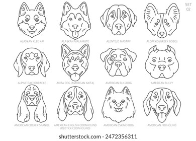 Cabeza de perro Siluetas en orden alfabético. Todas las razas de perros. Diseño de Vector de línea simple. Ilustración vectorial