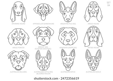 Dog head Silhouettes in alphabet order. All dog breeds. Simple line vector design. Vector illustration