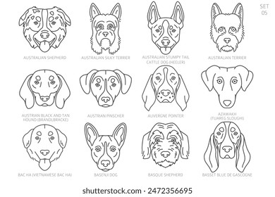 Dog head Silhouettes in alphabet order. All dog breeds. Simple line vector design. Vector illustration