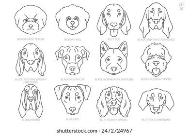 Dog head Silhouettes in alphabet order. All dog breeds. Simple line vector design. Vector illustration