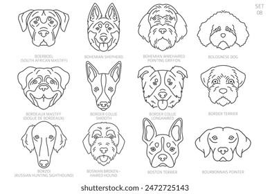 Dog head Silhouettes in alphabet order. All dog breeds. Simple line vector design. Vector illustration