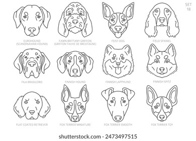 Dog head Silhouettes in alphabet order. All dog breeds. Simple line vector design. Vector illustration