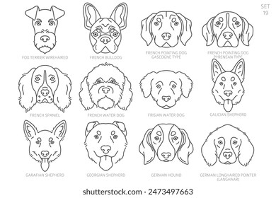 Dog head Silhouettes in alphabet order. All dog breeds. Simple line vector design. Vector illustration