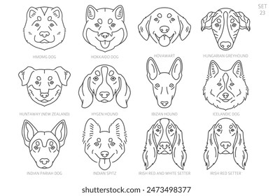 Cabeza de perro Siluetas en orden alfabético. Todas las razas de perros. Diseño de Vector de línea simple. Ilustración vectorial