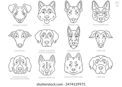 Dog head Silhouettes in alphabet order. All dog breeds. Simple line vector design. Vector illustration