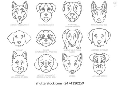 Dog head Silhouettes in alphabet order. All dog breeds. Simple line vector design. Vector illustration