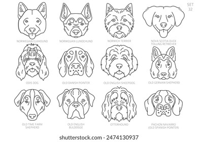 Dog head Silhouettes in alphabet order. All dog breeds. Simple line vector design. Vector illustration